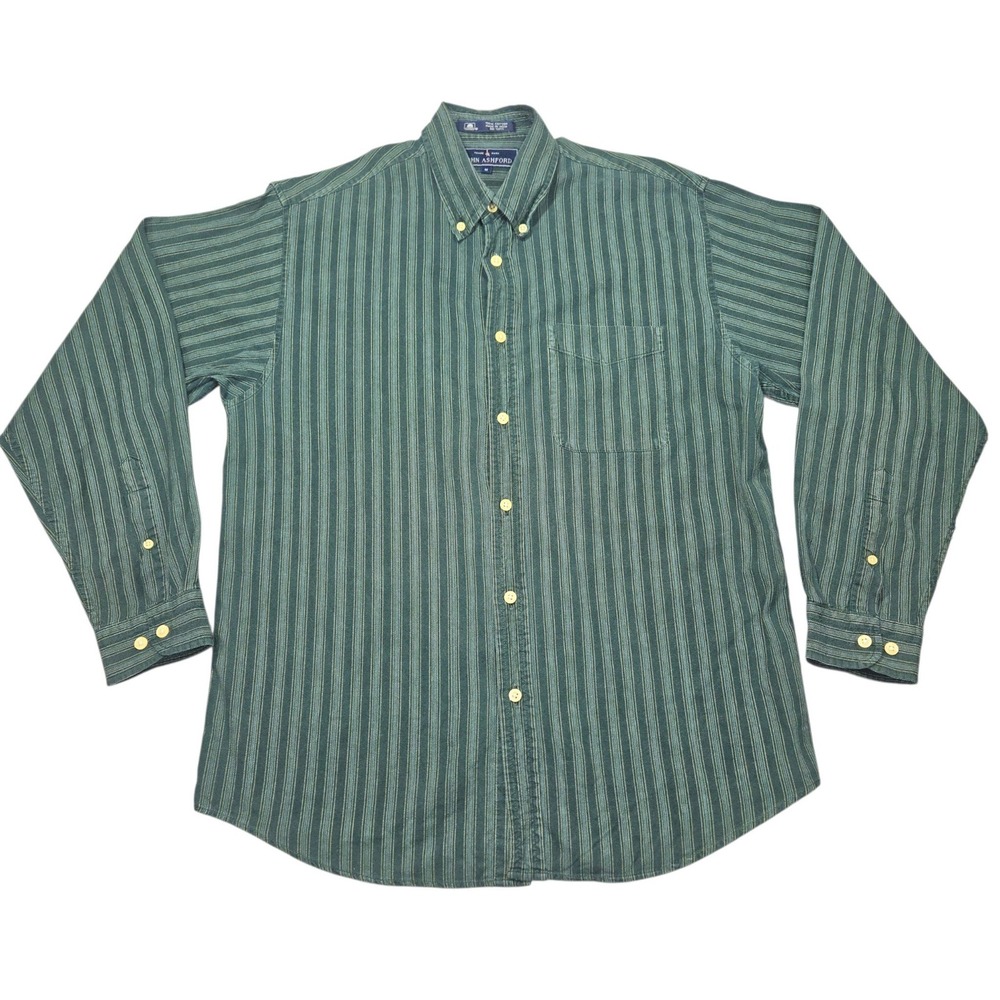 VTG John Ashford Striped Button Down Shirt Long Sleeve Green Blue Sz M